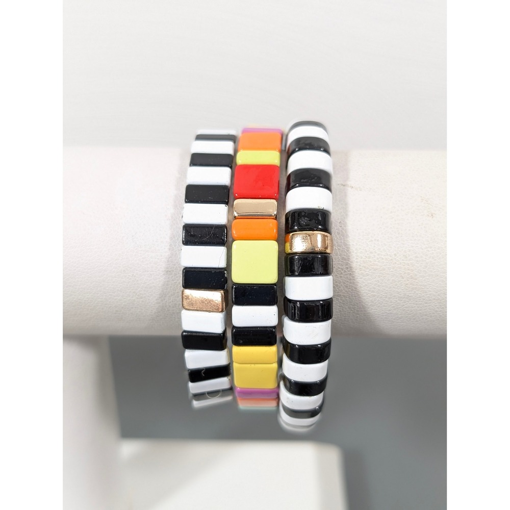 Set‎ of 3 Enameled Metal Bangle Bracelets Black White Color Block 6-6.5"